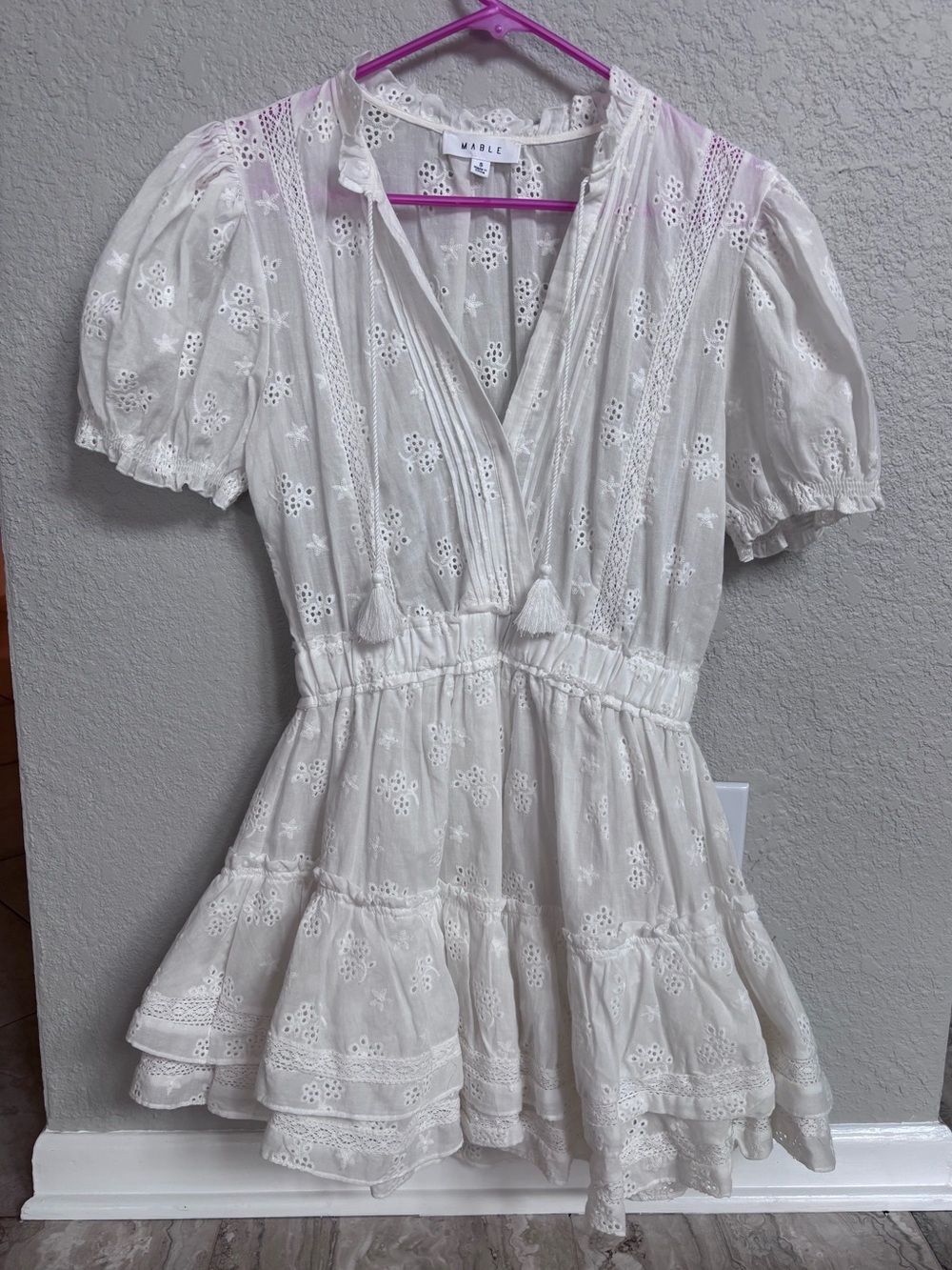 MARBLE White Eyelet V-Neck Dress with Tassel Detail
